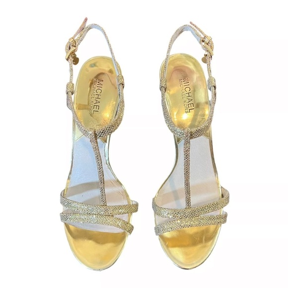 Michael Kors Yvonne Platform Gold Heels Size 9.5 Women’s Strappy Glitter Formal - Picture 3 of 10